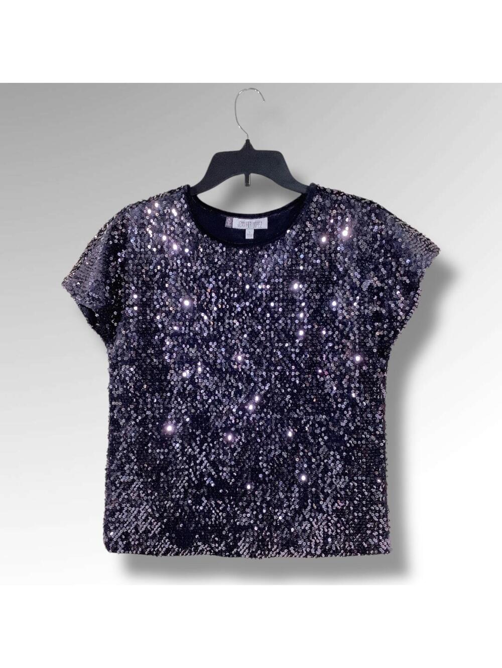NWOT Jennifer Lopez Sequin Embellished Purple Short Sleeve Sequin Top Size Small